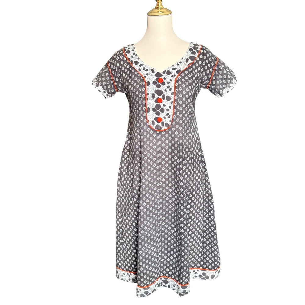 Grey Block Print Midi Dress‎ Short Sleeve Orange Trim V-Neck Womens Size Small